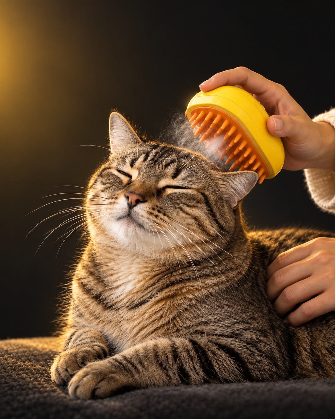 Gato siendo cepillado suavemente con el cepillo de vapor