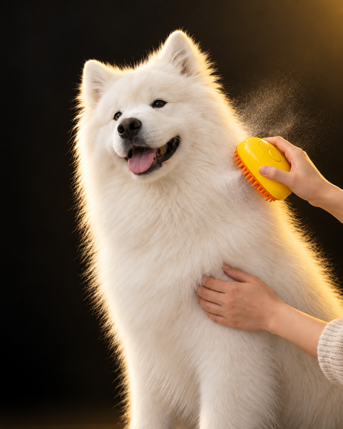 Perro Samoyedo siendo cepillado suavemente con el cepillo de vapor